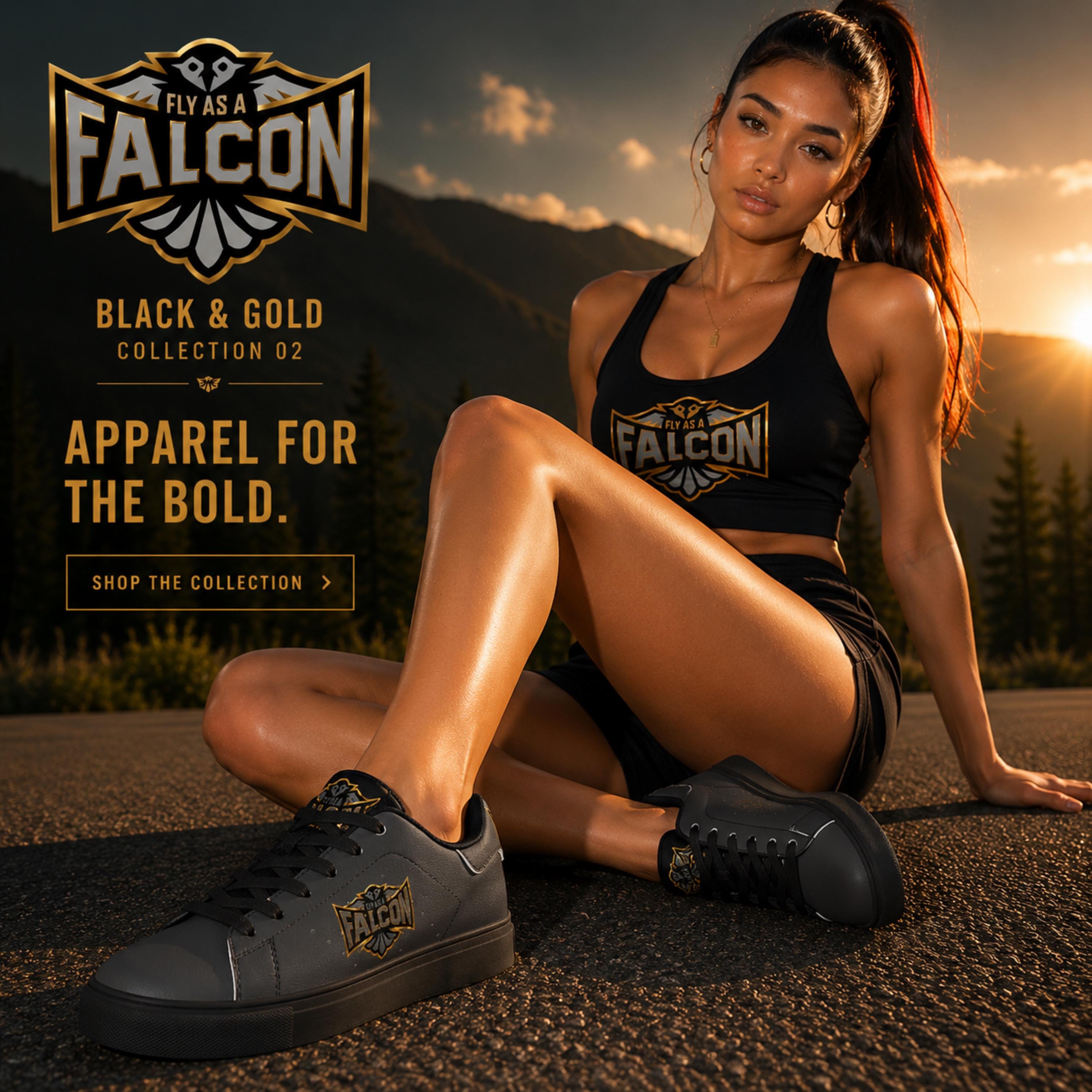 Fly As A Falcon Low-Top Leather Sneakers | Black & Gold Collection 02 model profile