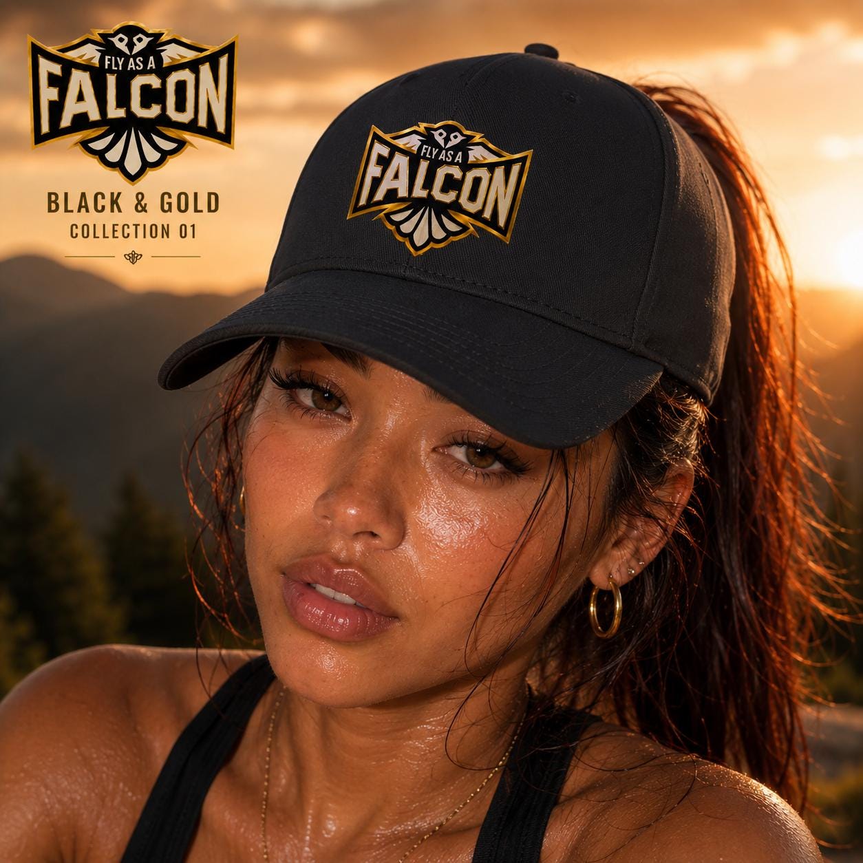 Fly As A Falcon Mid Profile Baseball Cap | Black & Gold Collection 01 model profile