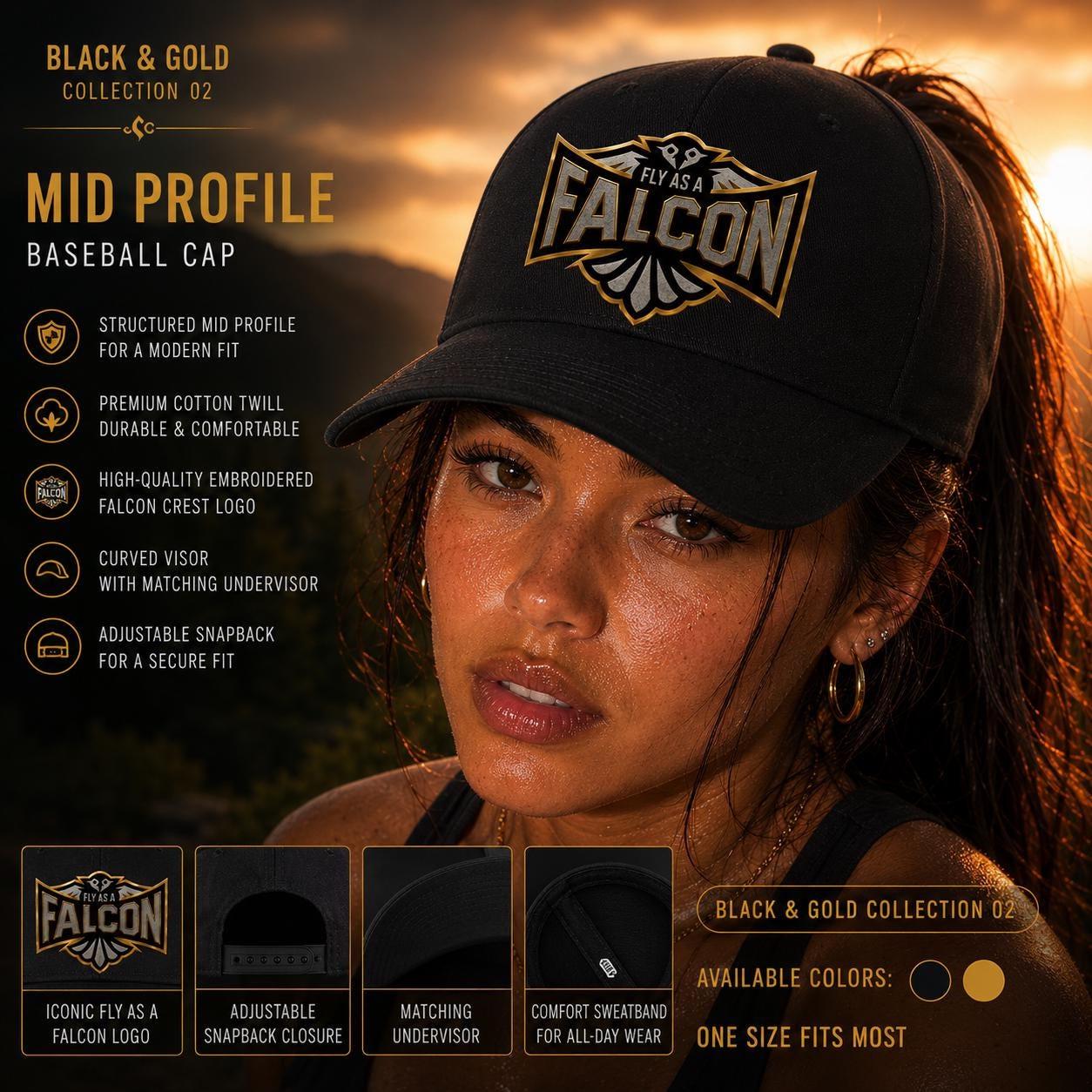 Fly As A Falcon Mid Profile Baseball Cap | Black & Gold Collection 02 model profile