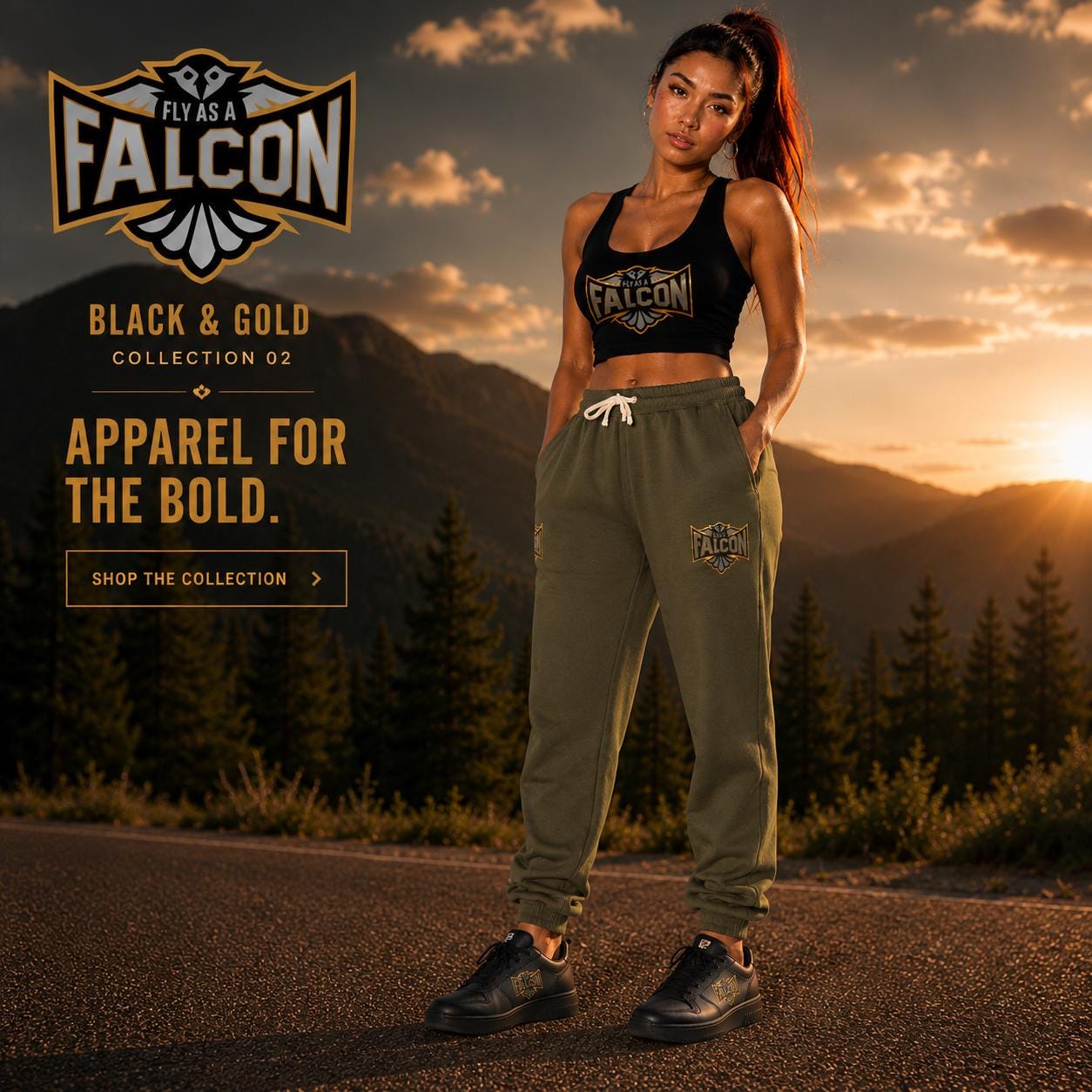 Fly As A Falcon Sweatpants | Black & Gold Collection 02 model profile