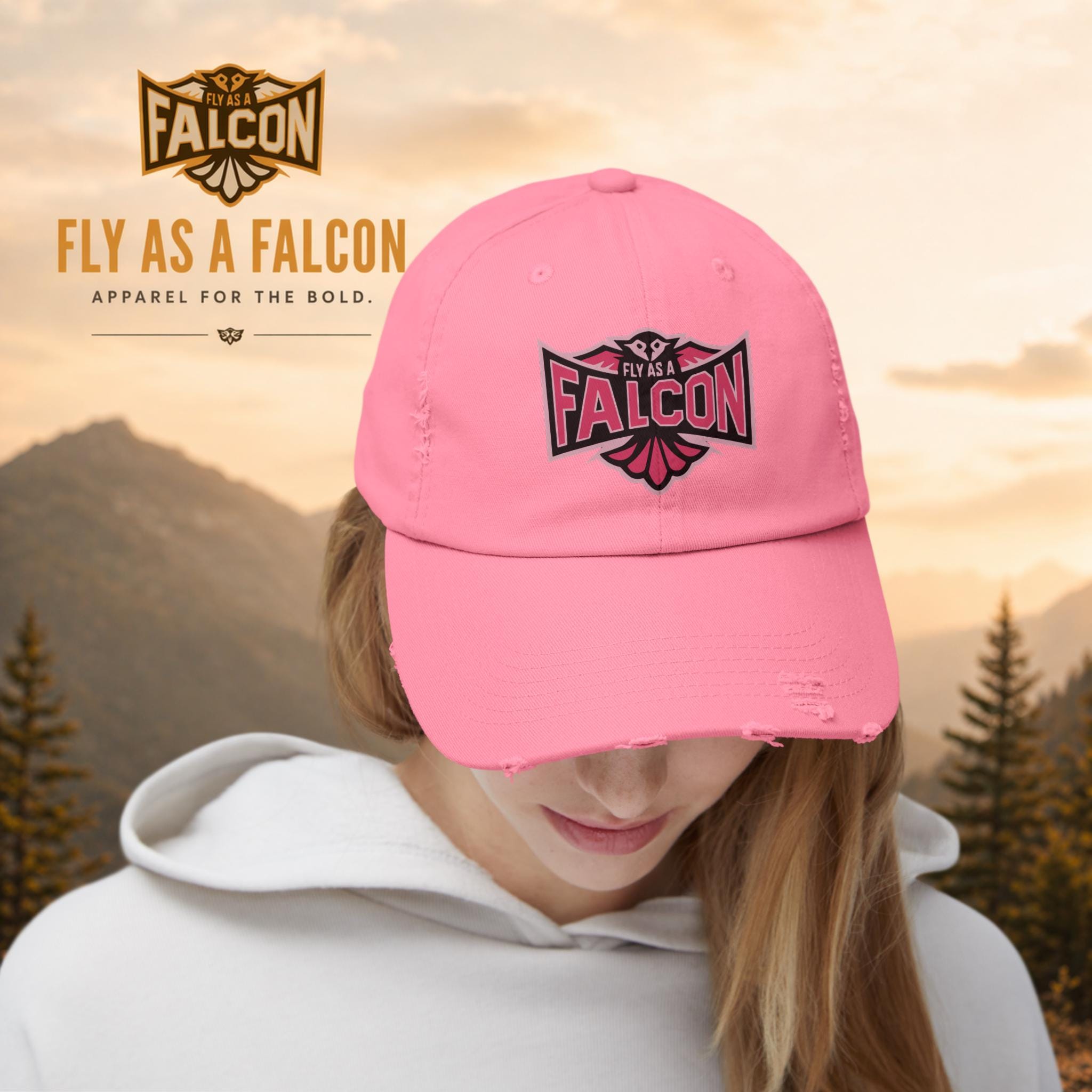 Fly As A Falcon Pink Distressed Cap | Wild Rose model profile