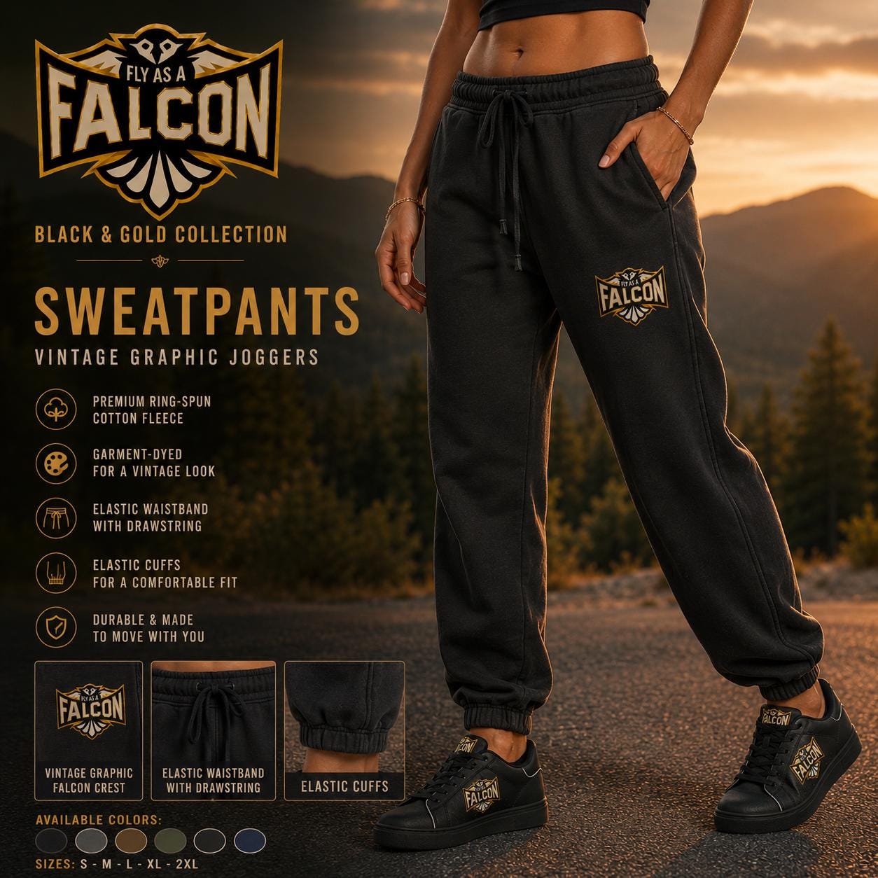 Fly As A Falcon Sweatpants | Black & Gold Collection 01 model profile